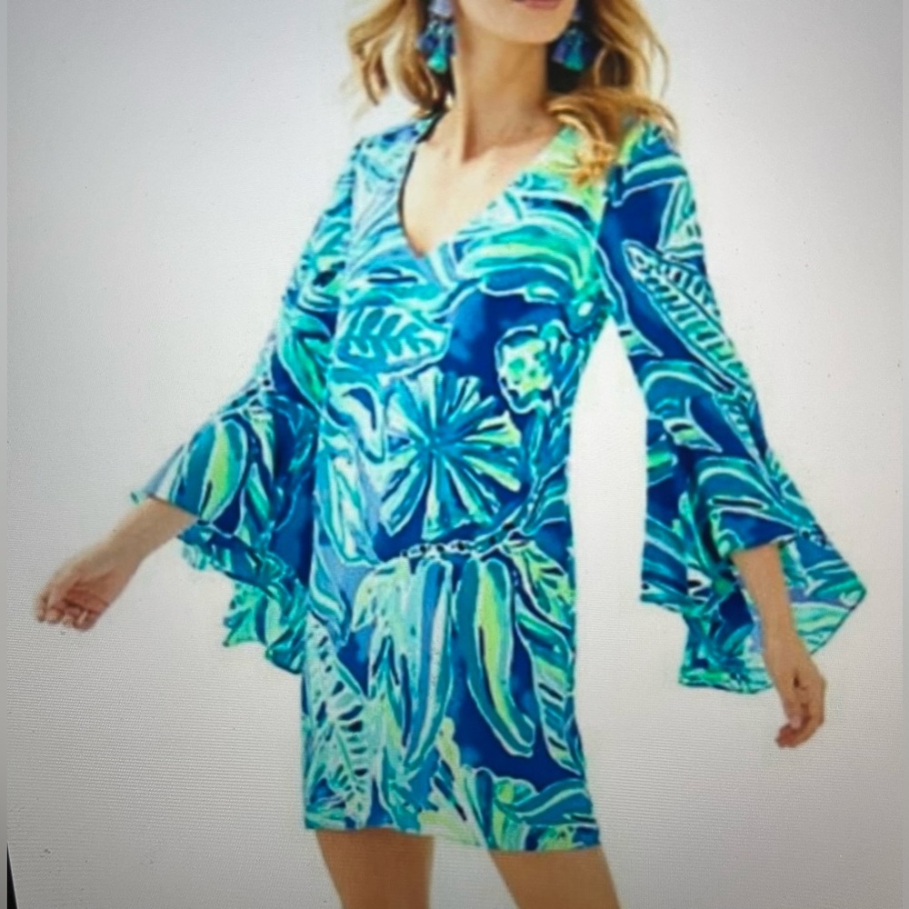 LILLY PULITZER Dress “Rosalia” Palm Floral V-Neck Flounce Sleeves BEACH Blue